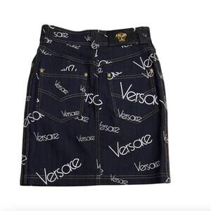 Versace Logo Mania Denim Mini Skirt NWT Y2K Style Hailey Bieber Archival XS